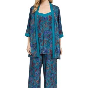 Vintage‎ Vandemere 3 Piece Pajama Set Robe Camisole Pants Teal Floral Medium